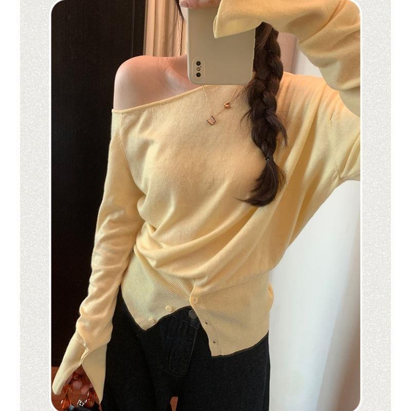 Long Sleeve One Shoulder Plain Button Slit Knit Top Product Image