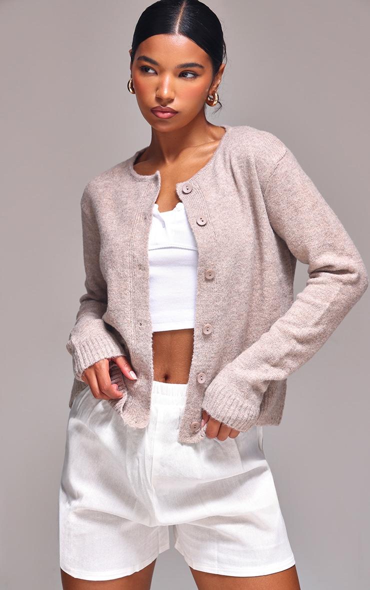 Taupe Melange Soft Knit Basic Button Up Cardigan Product Image