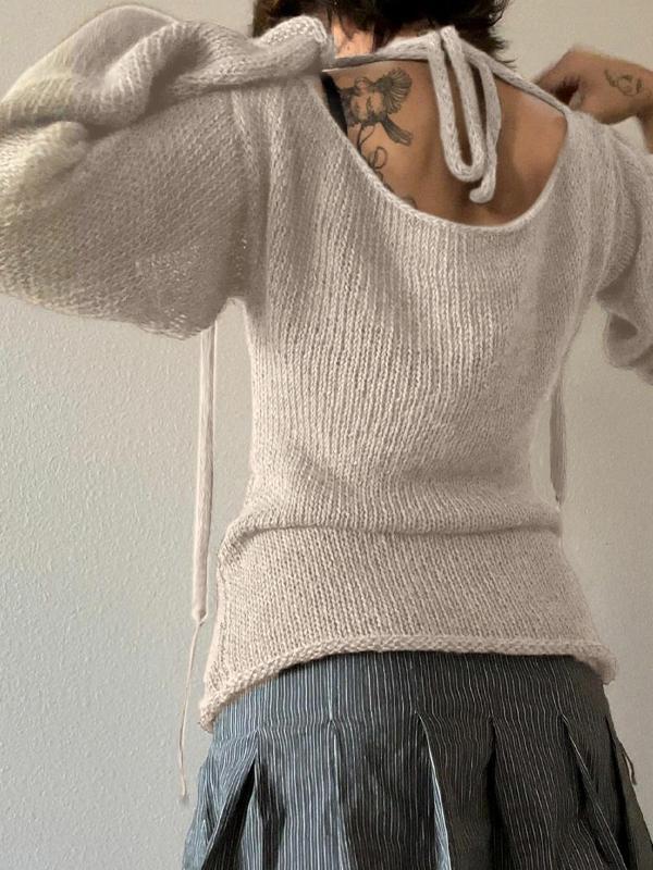 Solid Color Backless Lace Up Long Sleeve Knit Product Image