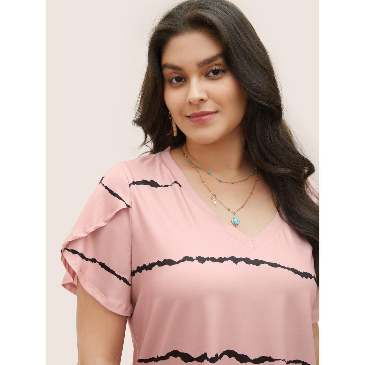 Plus Size Striped Contrast Petal Sleeve T-shirt Crepe Women Elegant Striped Everyday T-shirts BloomChic 26/4X Product Image