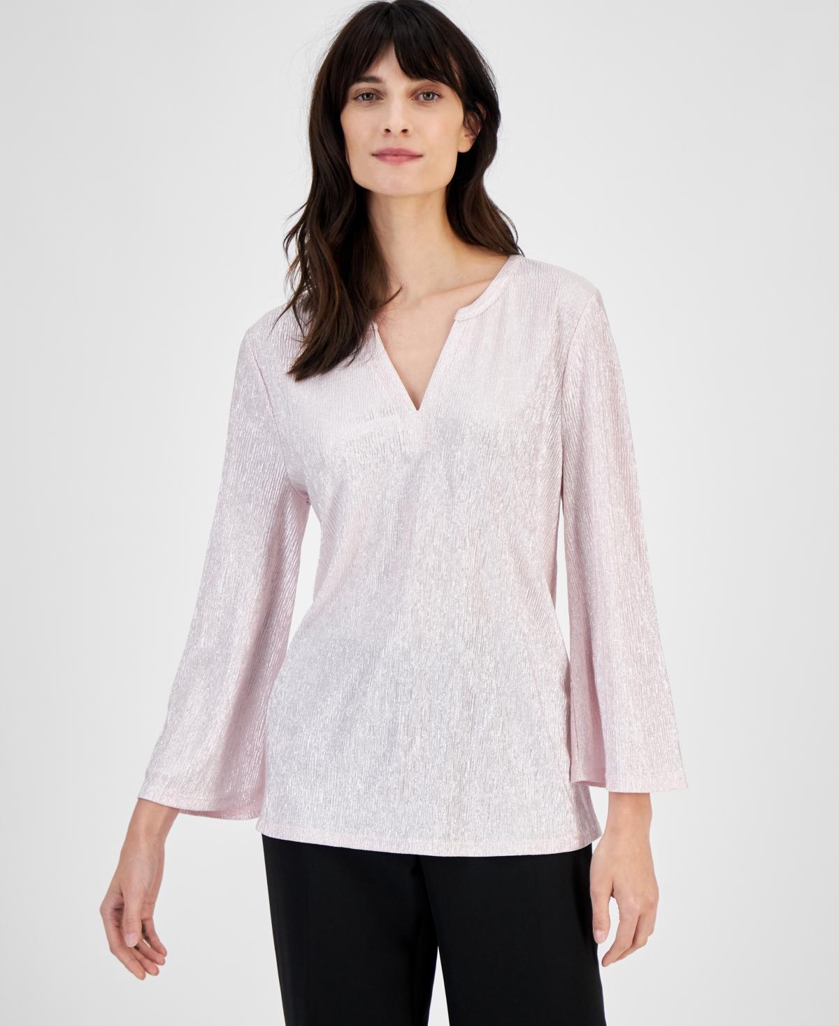 Jm Collection Womens Shine 3/4 Sleeve Plisse Split-Neck Top, Created for Macys Product Image