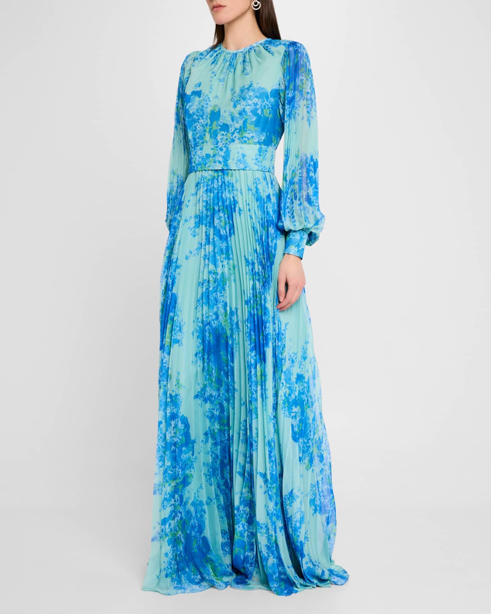 Pleated Floral-Print Blouson-Sleeve Gown Product Image