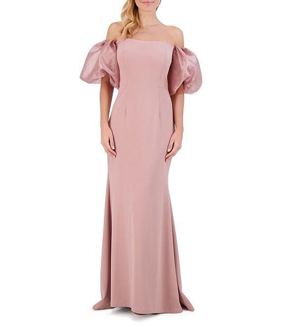 Eliza J Scuba Crepe Off-The-Shoulder Neck Organza Short Puff Sleeve Gown Product Image