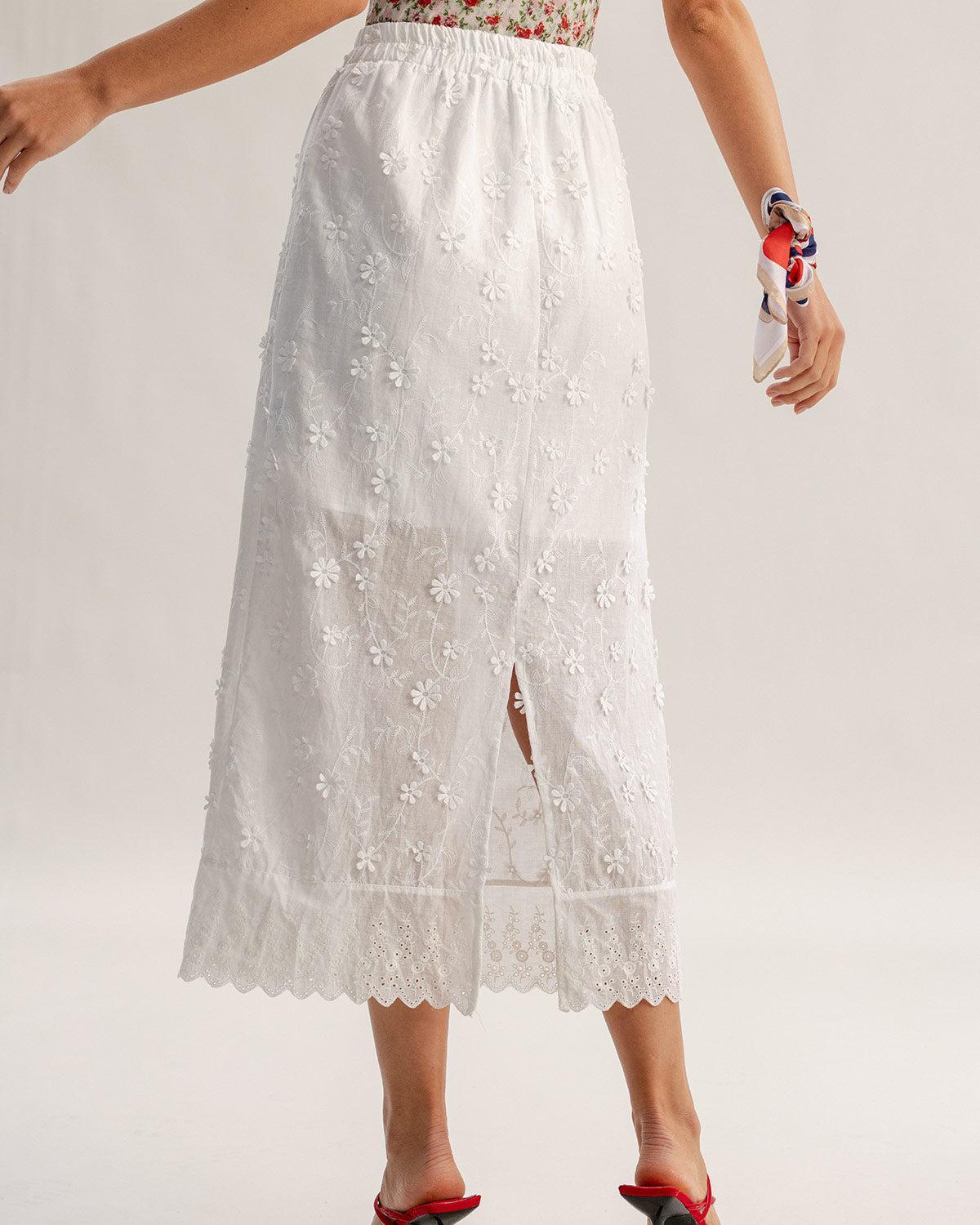 White Textured Elastic Waist Midi Skirt Product Image