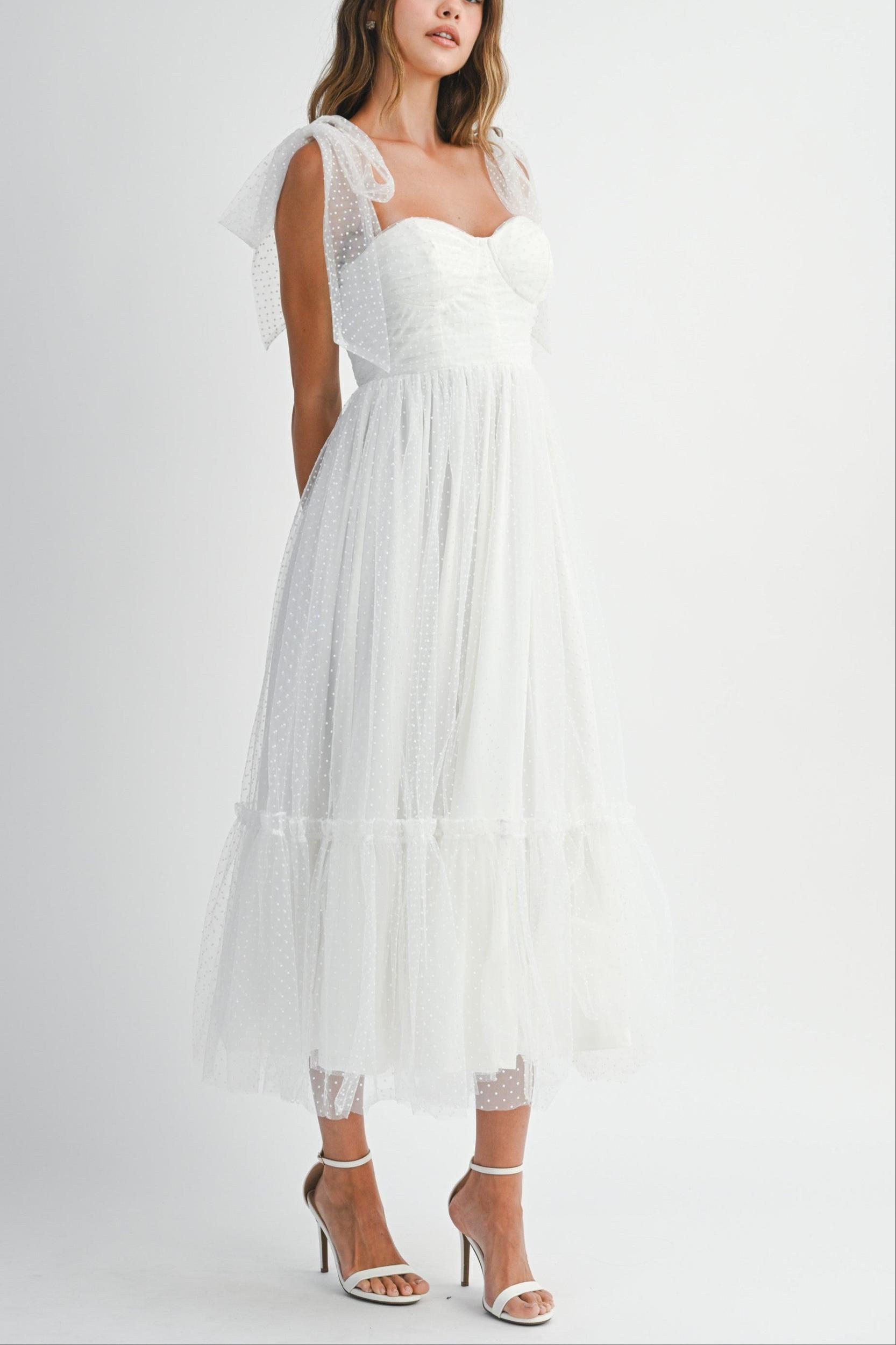 Polka Dot Mesh Tie Shoulder Midi Dress Product Image