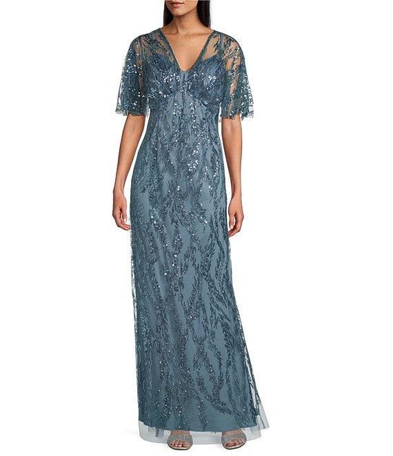 R & M Richards Sequin V-Neck Flutter Sleeve Sheer Capelet A-line Dress Product Image