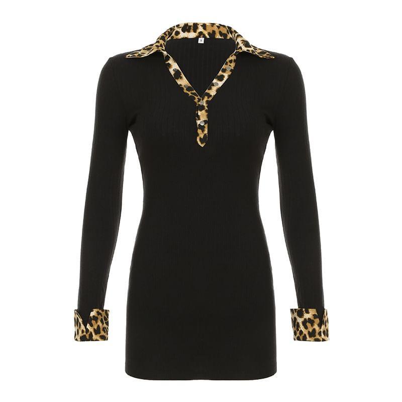 Long Sleeve Collar V-Neck Leopard Panel Slim-Fit Mini Bodycon Dress Product Image