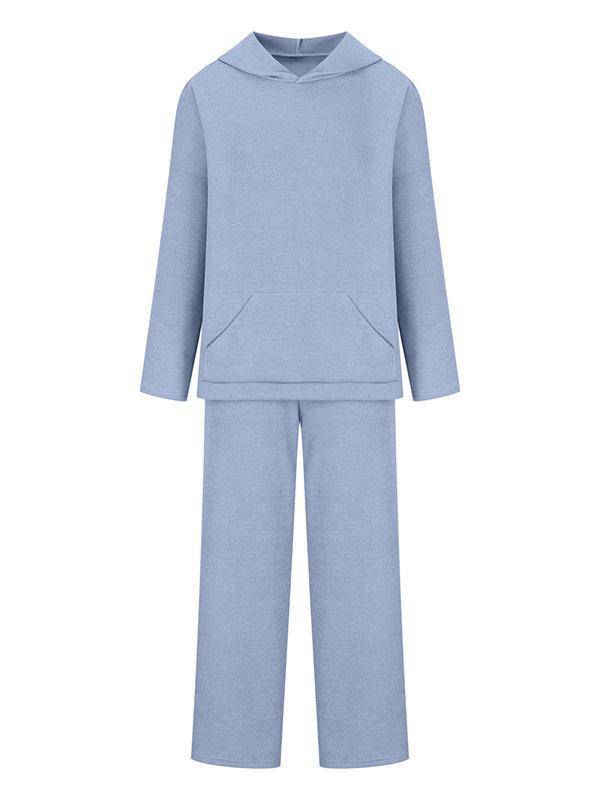 Loose Solid Color Round-Neck Hooded Long Sleeves Sweater Top + Drawstring Pants Bottom Two Pieces Set Product Image
