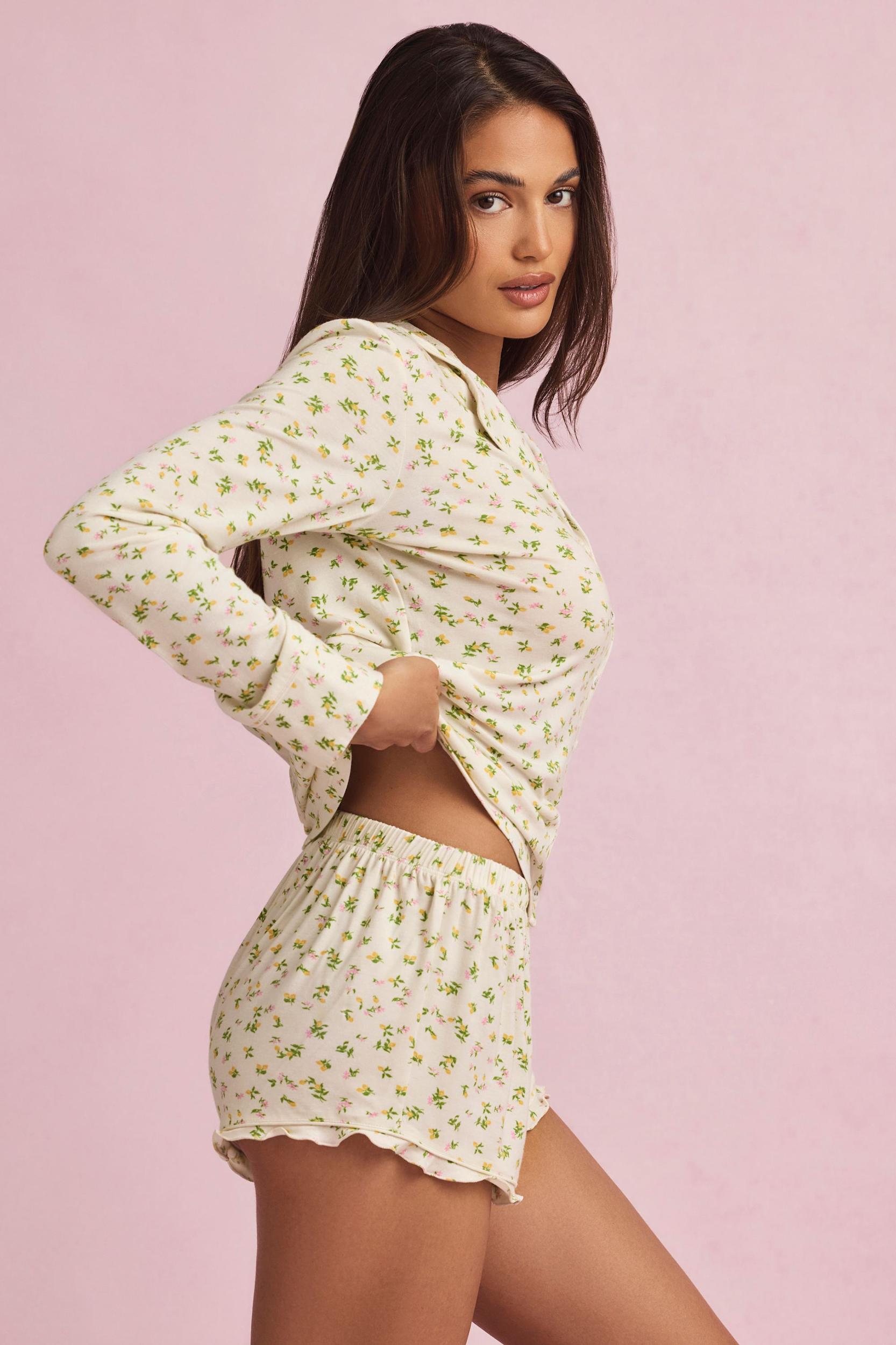 Modal Ruffle-Trim Pyjama Shorts in Lemon Print Product Image