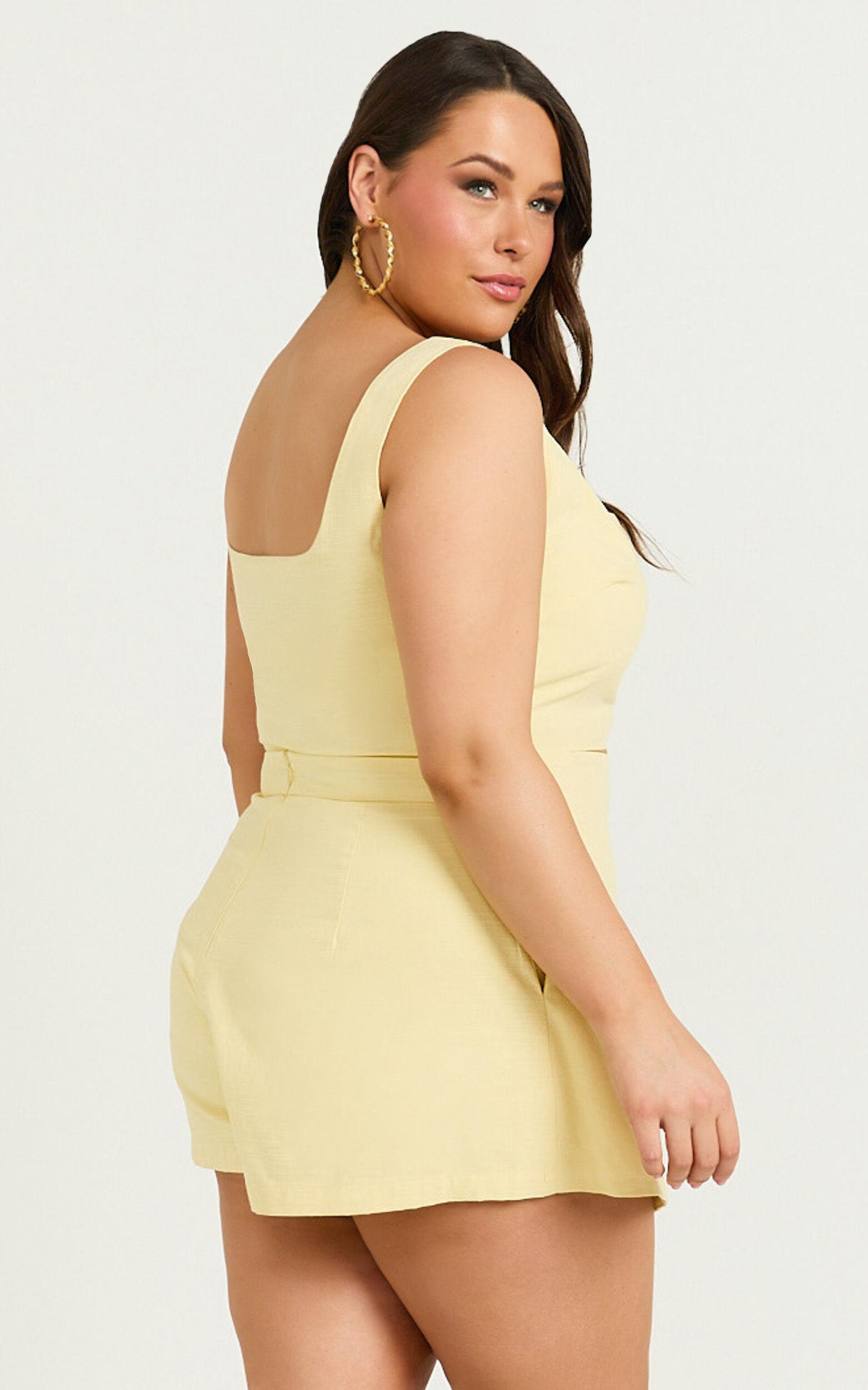 Polina Two Piece Set - Linen Square Neck Crop Top and Tie Waist Skort Set in Lemon Product Image