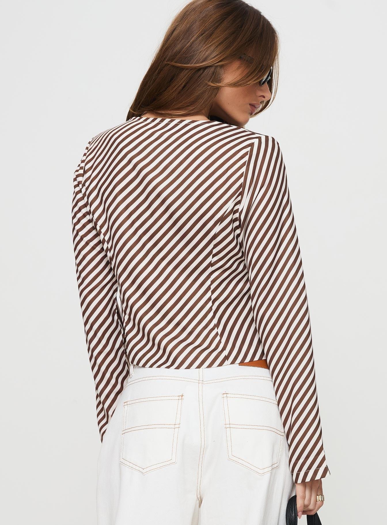 Maxette Long Sleeve Tie Top Brown Stripe Product Image