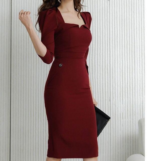 3/4-Sleeve Plain Slit Sheath Dress Product Image