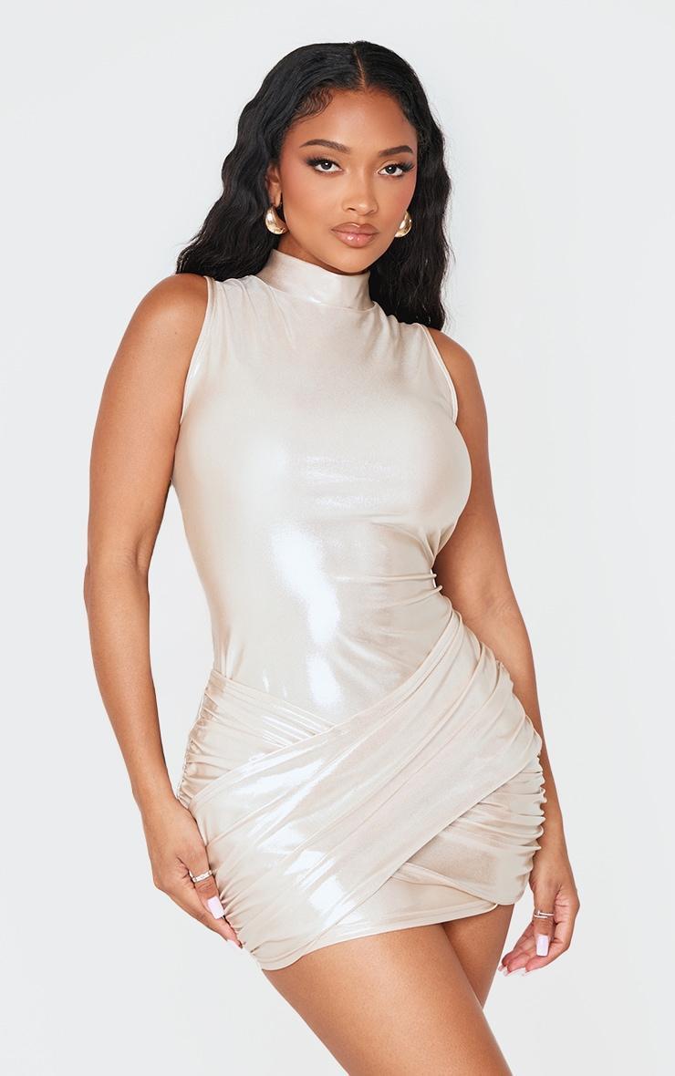 Shape Champagne Wet Look Metallic High Neck Wrap Front Dress Product Image