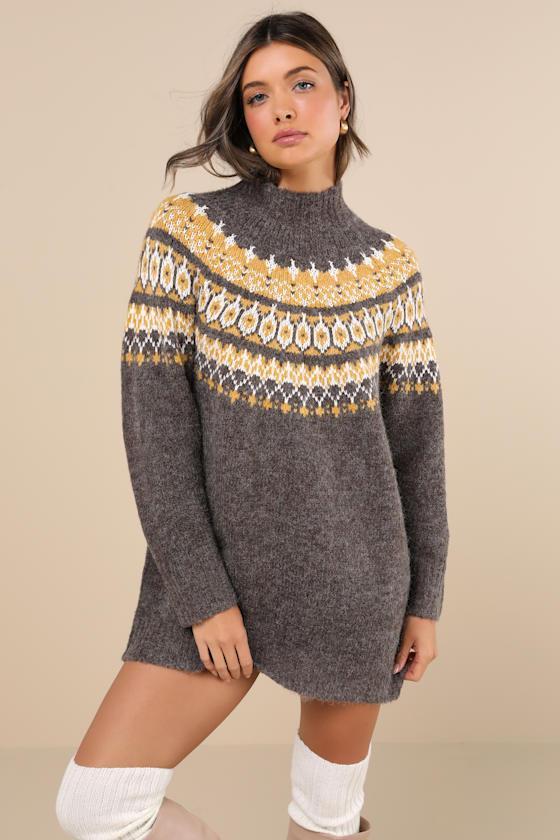 Wintertime Comfort Charcoal Fair Isle Sweater Mini Dress Product Image