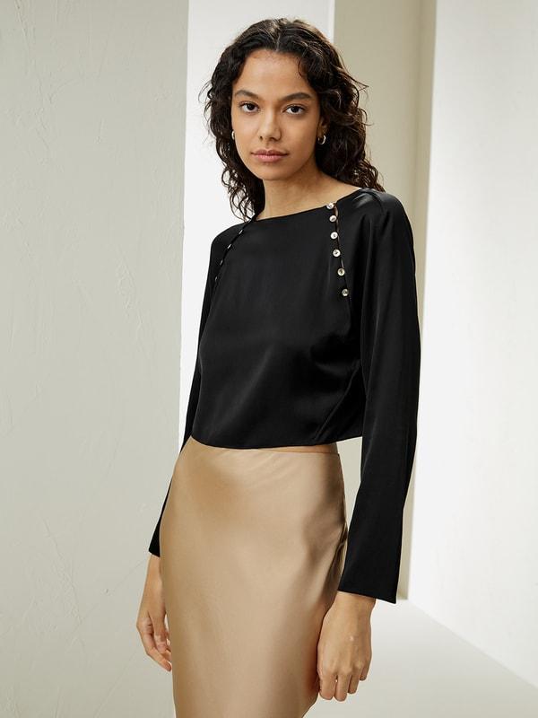 LILYSILK Women's Cropped Double Joe Silk Elegant Button Detail Top in Pearl White, Size 4 Product Image