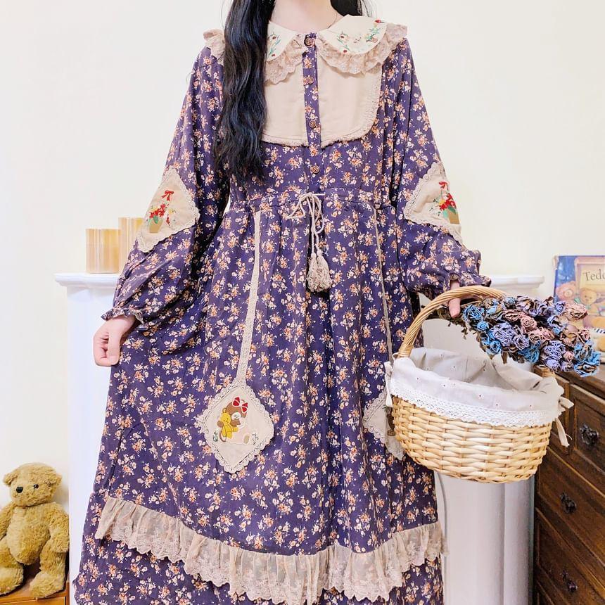 Long-Sleeve Collar Floral Embroidered Patchwork Lace Trim Midi A-Line Dress Product Image