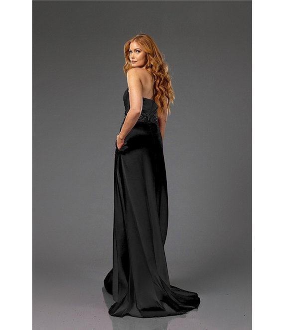 Terani Couture Strapless Ruched Satin Beaded Leaf A-Line Gown Product Image