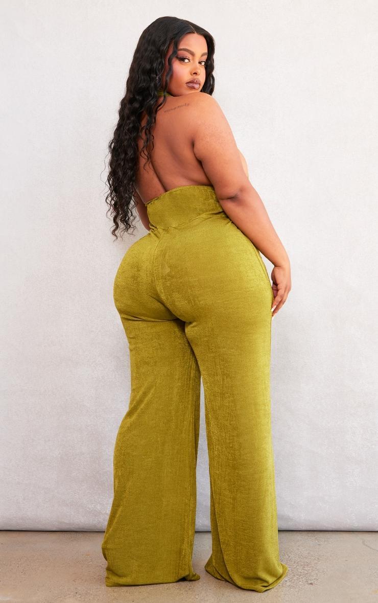 Plus Olive Acetate Slinky Plunge Jumpsuit Product Image