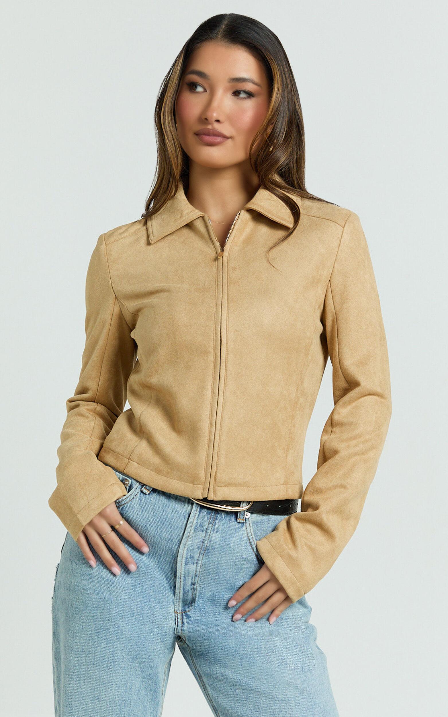 Welmina Jacket - Suede Collared Fitted Jacket in Sand Product Image