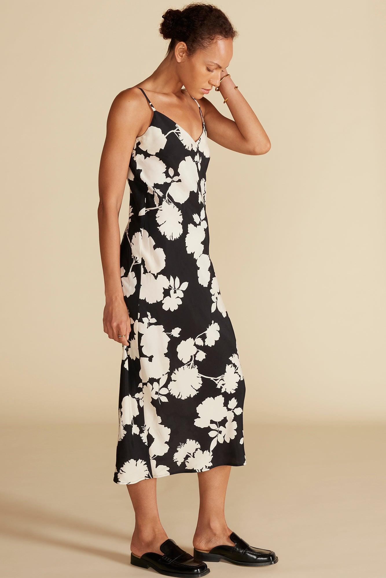 Eloise Cupro Slip Dress - Black and Ivory Rose Print Product Image