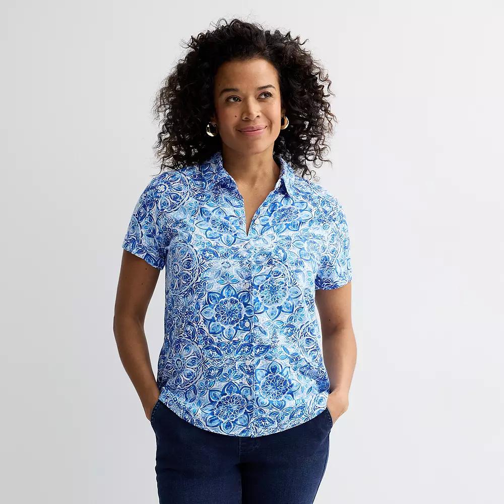 Women's Croft & Barrow® Camp Shirt, Size: XXL, Blue Watercolor Tile Product Image