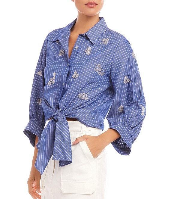 Karen Kane Floral Embroidered Pinstripe Point Collar 3/4 Blouson Sleeve Tie Front Top Product Image