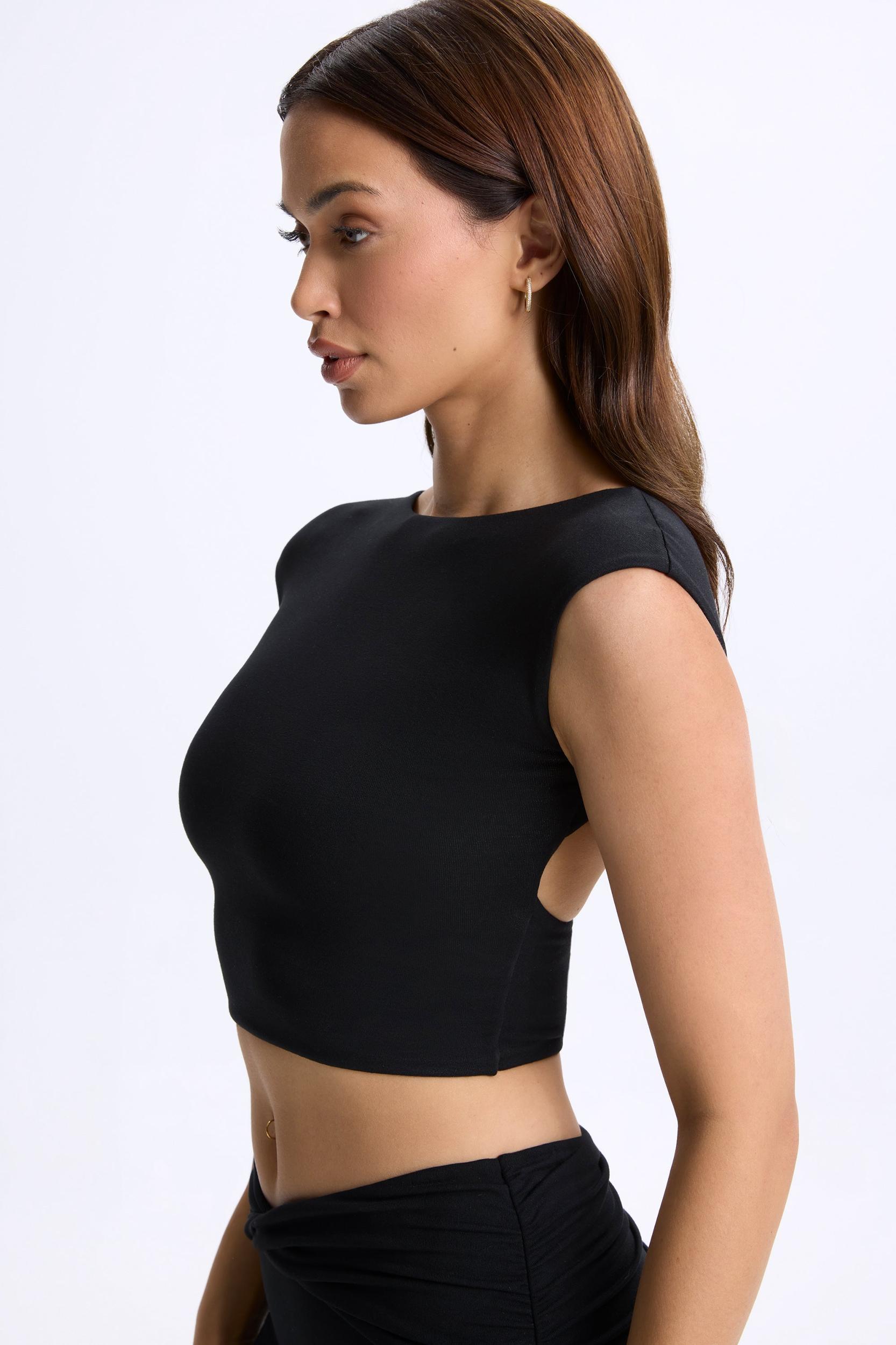 Cap-Sleeve Open-Back Crop Top in Black Product Image