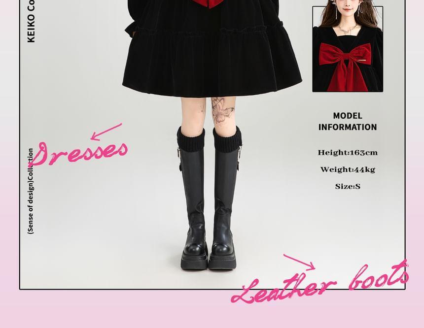 Long Sleeve  Square Neck Bow Velvet Mini A-Line Dress Product Image