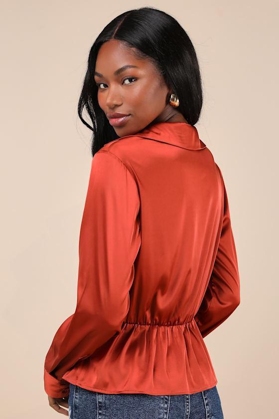 Considered Sophistication Rust Satin Long Sleeve Collared Top Product Image