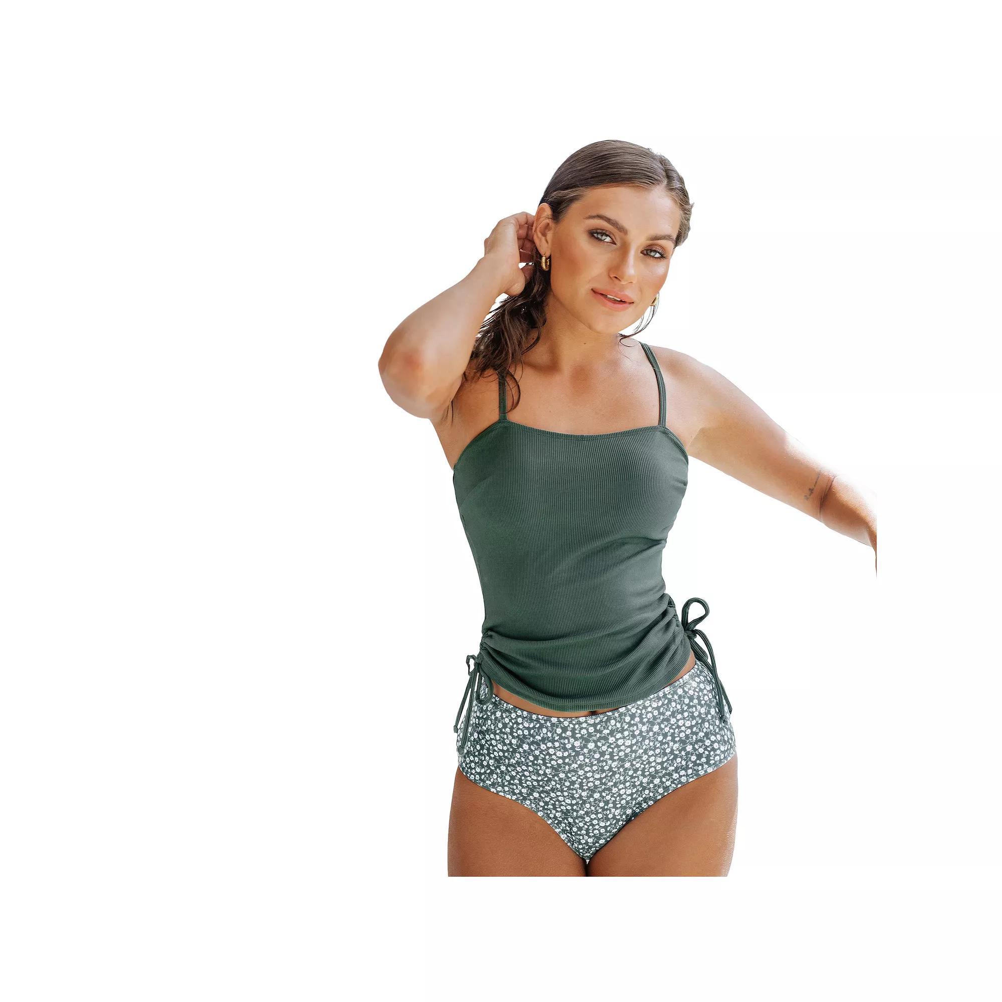Women's Cupshe Rib Drawstring Top & Ditsy Floral High Waist Tankini Set,  Product Image