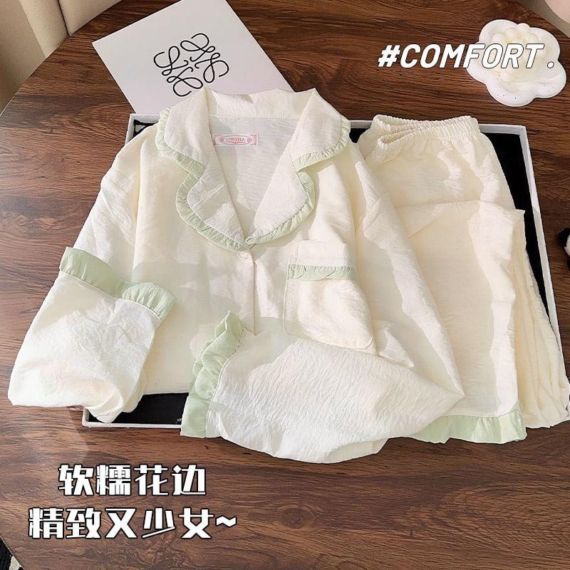 Pajama Set: Long-Sleeve Lapel Collar Contrast Frill Trim Button-Up Top + Pants Product Image