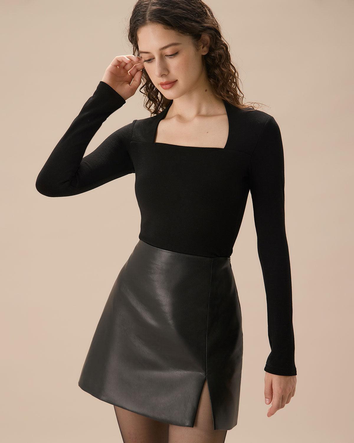 Black Square Neck Slim Knit Tee Product Image