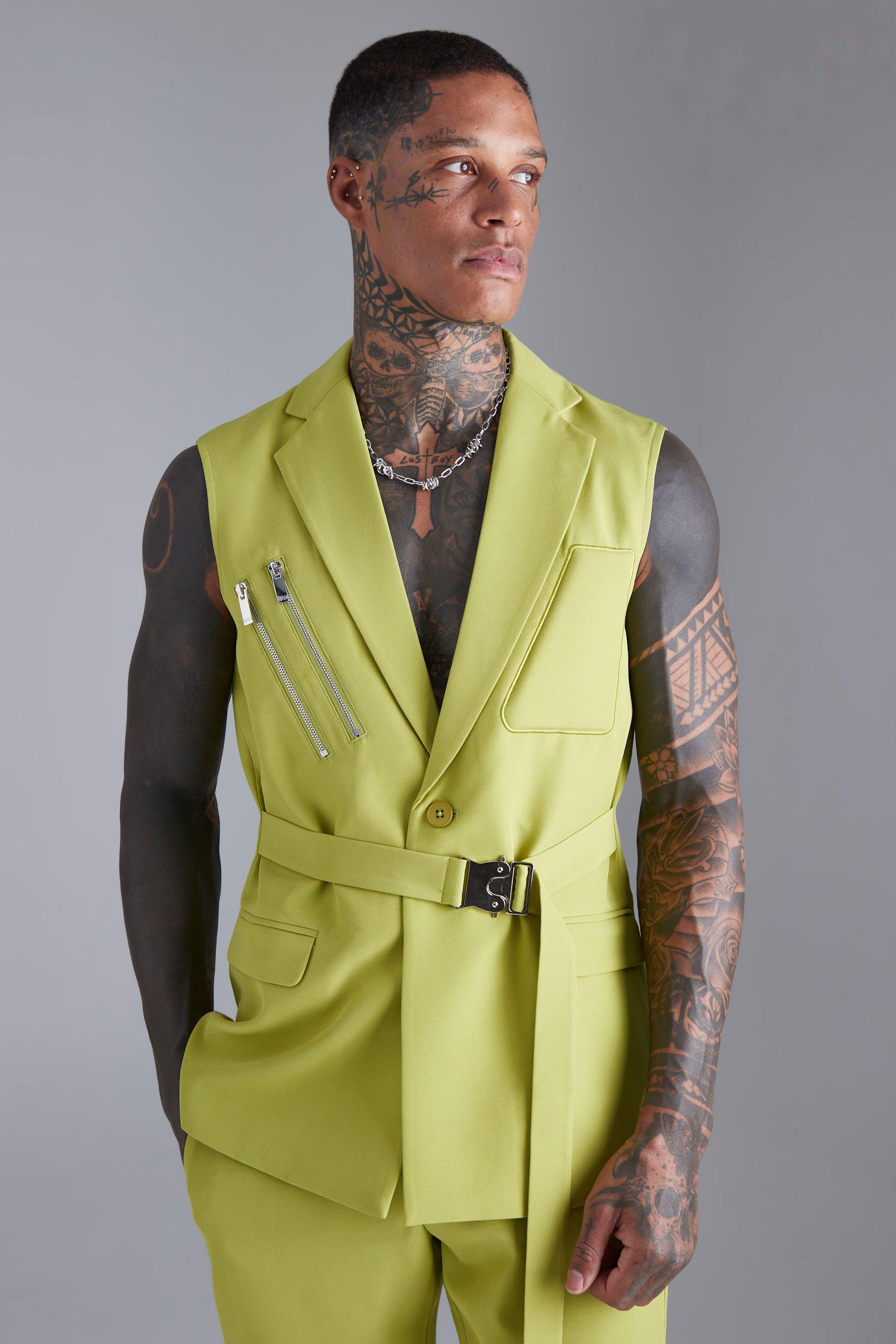 Mens Green Single Breasted Sleeveless Suit Jacket, Green Product Image