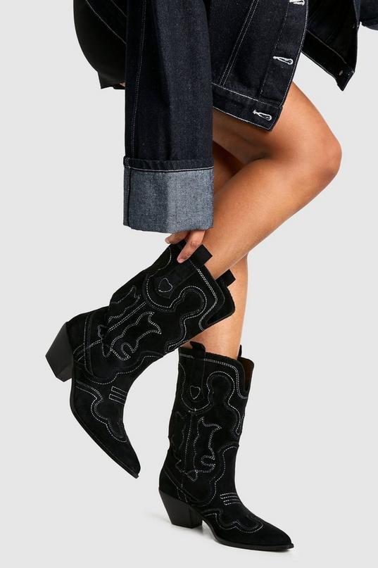 Embroidered Detail Western Cowboy Ankle Boots Product Image