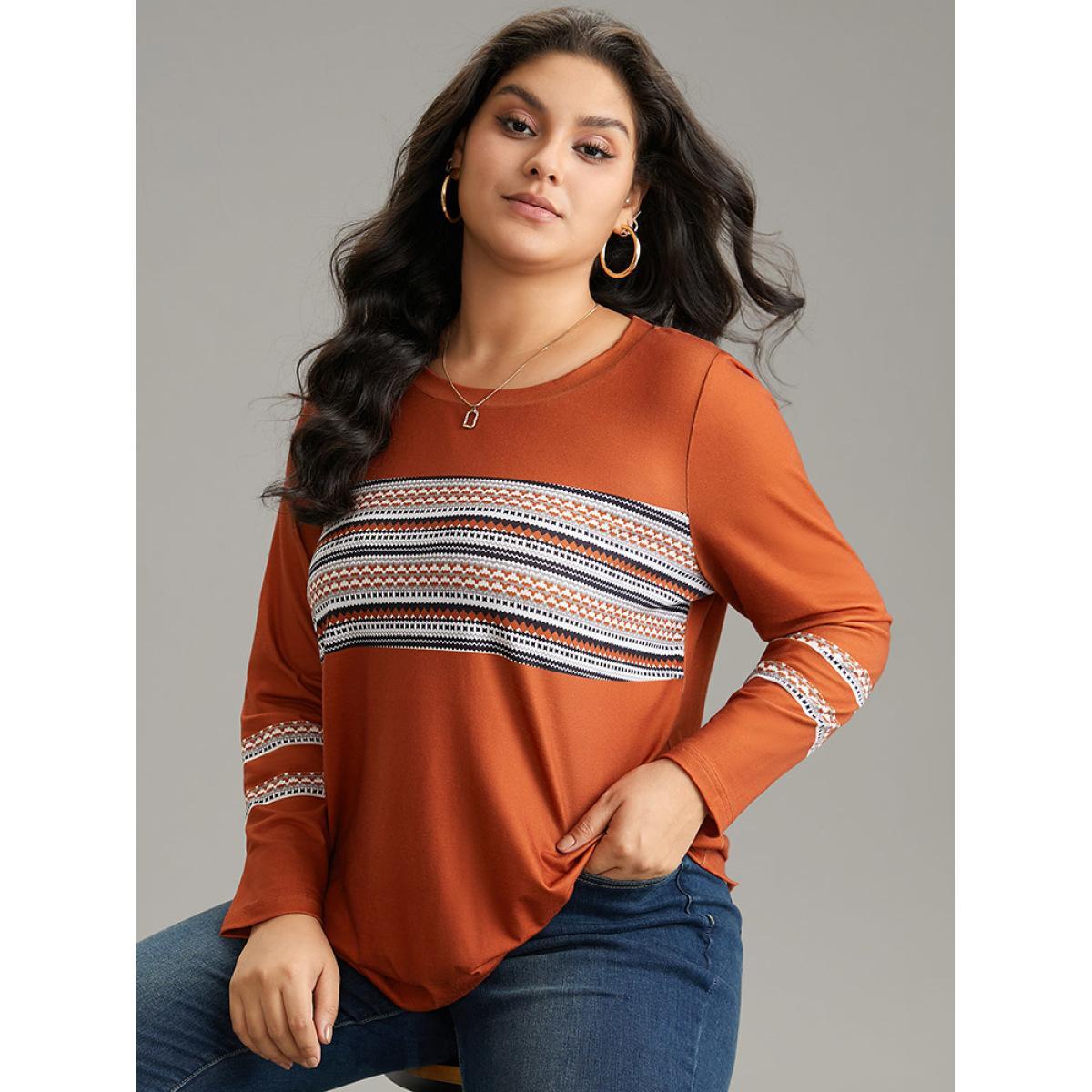 Plus Size Boho Print Patchwork Crew Neck T-shirt OrangeRed Women Casual Printed Bohemian Print Round Neck Dailywear T-shirts BloomChic 14-16/1X Product Image