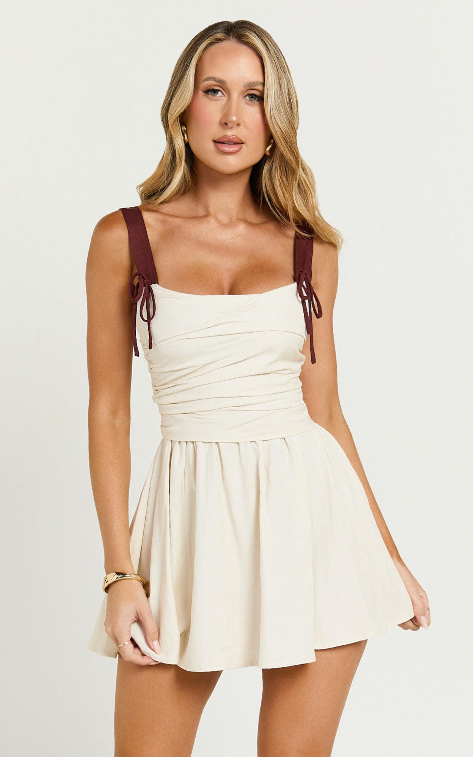 Tommy Mini Dress - Linen Ruched Bodice Laced Back Gathered Skirt Dress in Cream Product Image