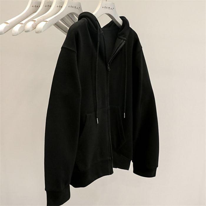 Drawstring Drop Shoulder Plain Zip Up Oversized Hoodie Product Image