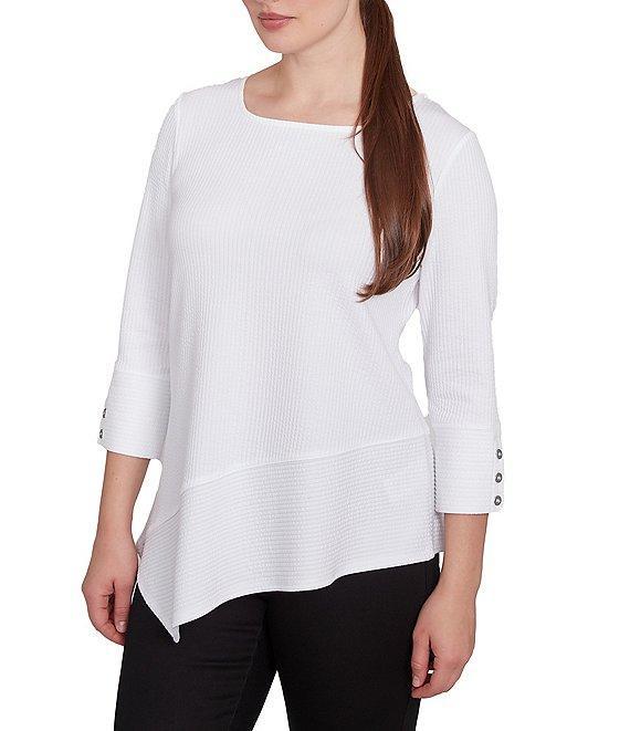 Ruby Rd. Knit Cable Stripe Square Neck 3/4 Sleeve Asymmetric Hem Top Product Image