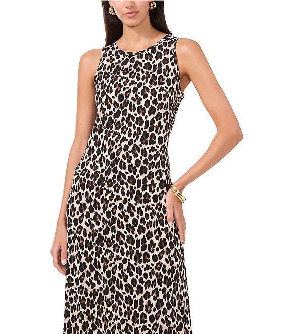Vince Camuto Knit Leopard Crew Neck Sleeveless Back Keyhole Split Hem Column Maxi Dress Product Image