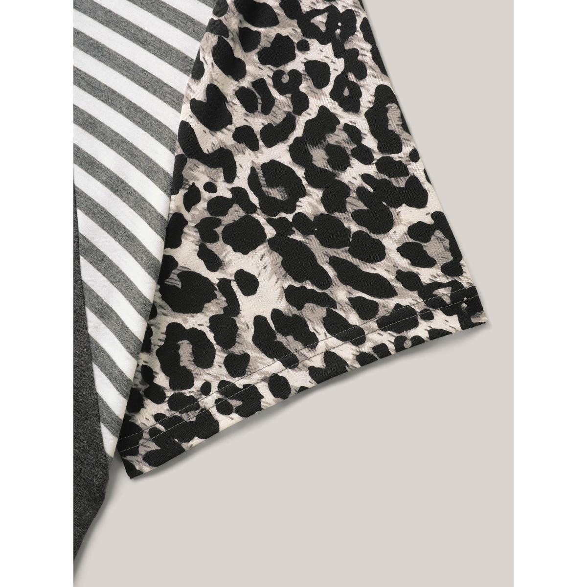 Plus Size Leopard Stripes Raglan Sleeve T-Shirt DimGray Women Contrast Round Neck Everyday-Casual T-shirts BloomChic 30/6X Product Image