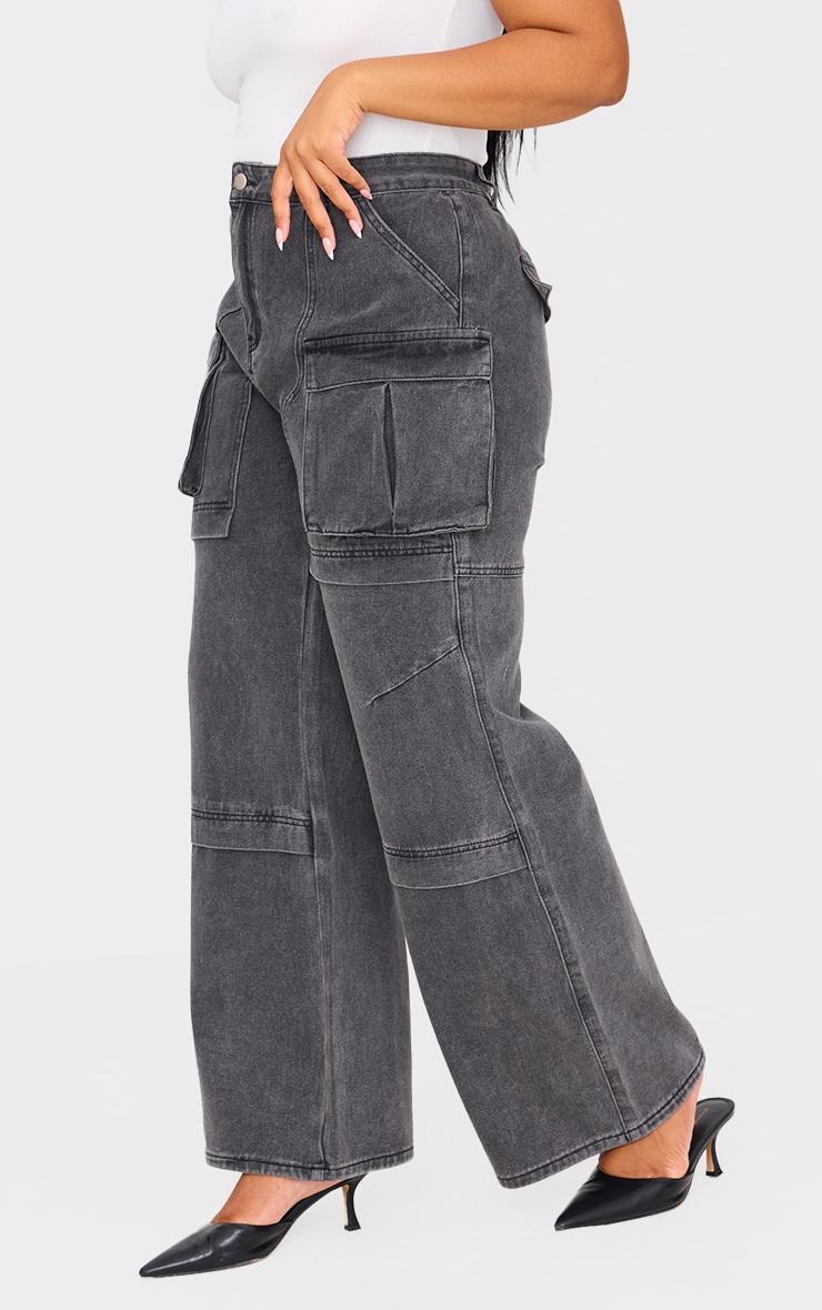 Plus Washed Grey Cargo Wide Leg Denim Jeans Product Image