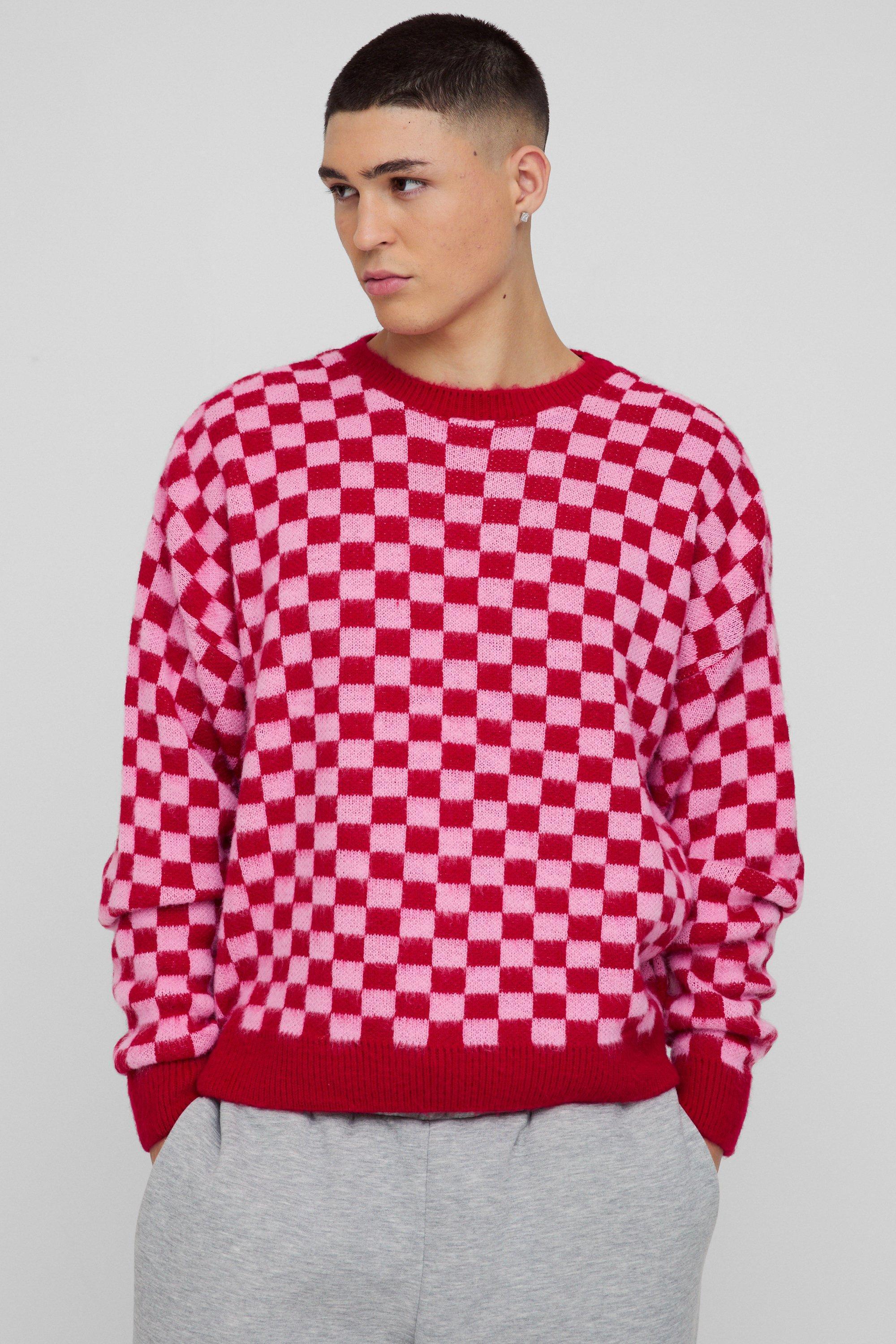 Oversized Boxy Checkered Knitted Brushed Sweater | boohooMAN USA Product Image