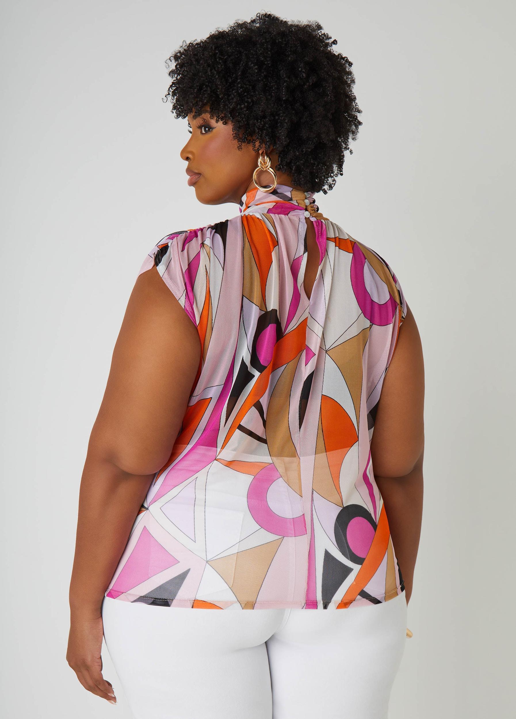 Printed Mesh Mock Neck Top Product Image