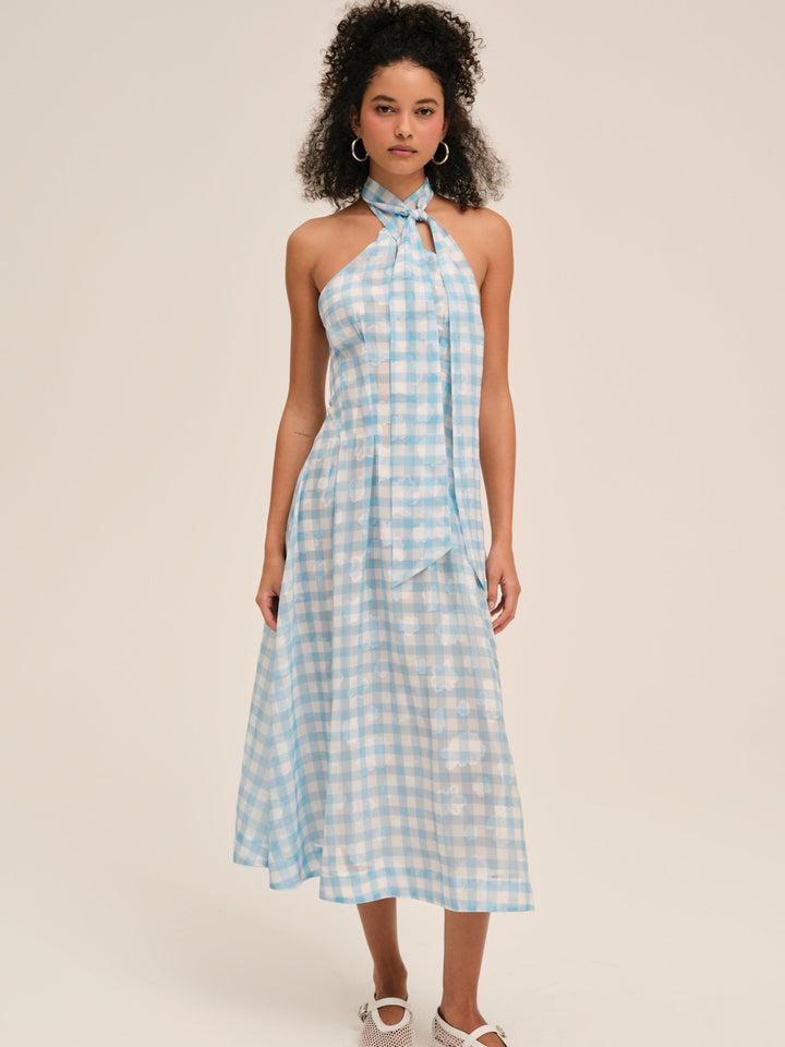 Claudette Gingham Midi Dress — Blue Product Image