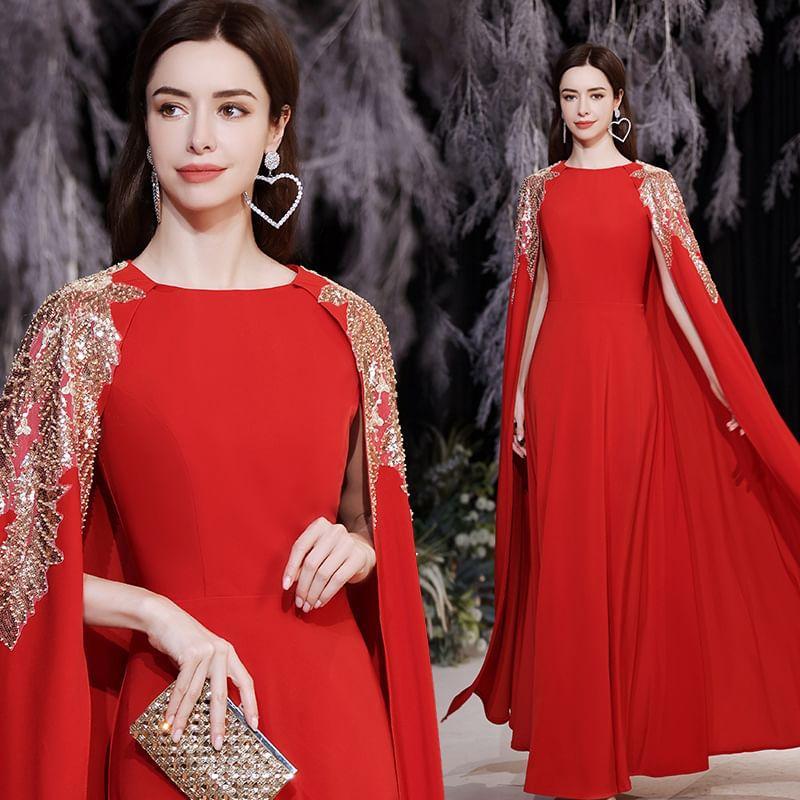 Cape-Sleeve Sequined Printed A-Line Evening Gown Product Image