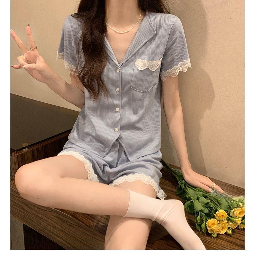 Pajama Set: Short-Sleeve Lace Trim Shirt + Shorts Product Image