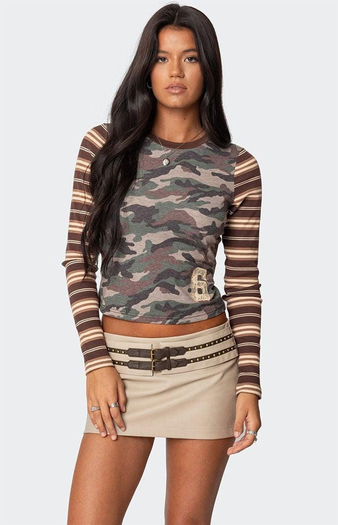 Edikted Women's Camo & Stripe Long Sleeve T-Shirt - Product Image