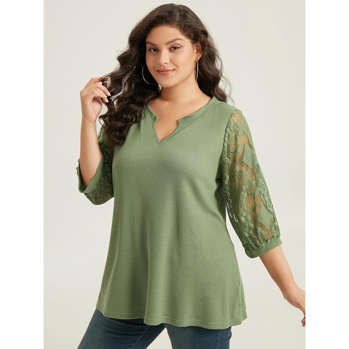Plus Size Plain Lace Patchwork Notched T-shirt Green Women Elegant Plain Plain Notched collar Dailywear T-shirts BloomChic 14-16/1X Product Image
