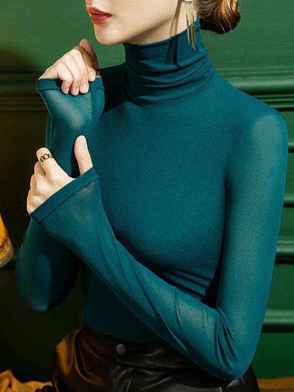 Long Sleeves Plus Size See-Through Solid Color Split-Joint High Neck T-Shirts Product Image