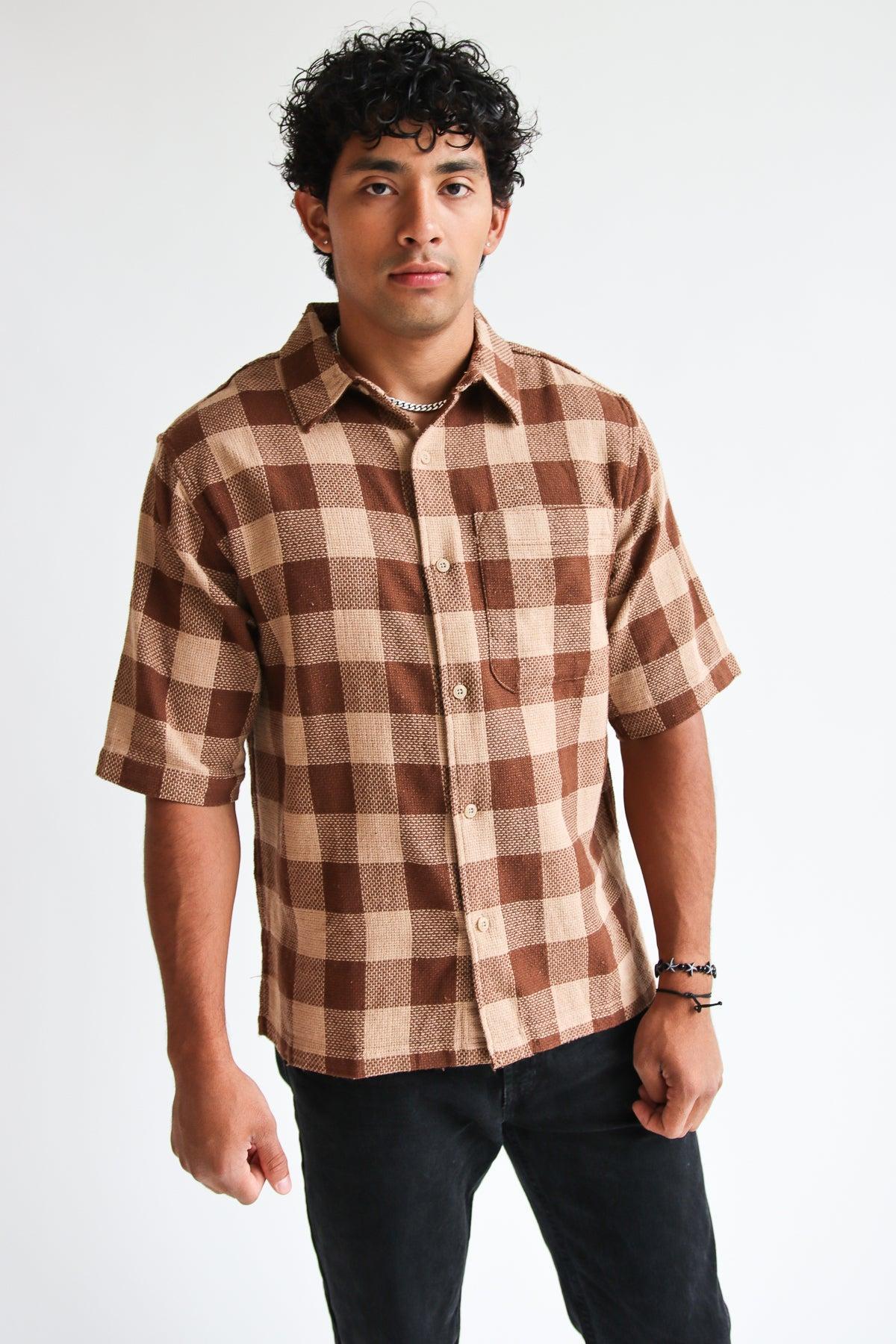 Brown Check Woven Knit Button Up Shirt Product Image